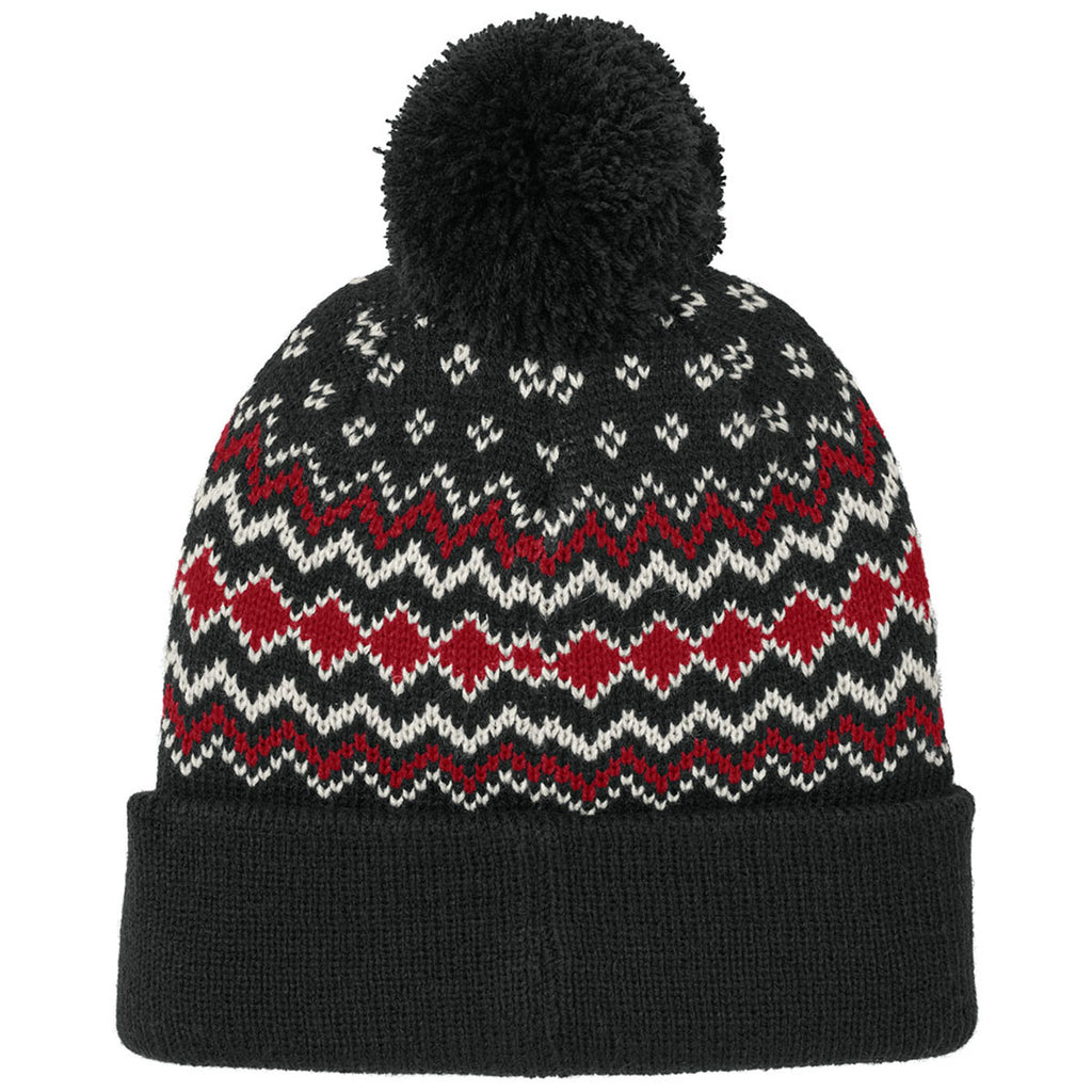 Port Authority Deep Black/Rich Red/Marshmallow Alpine Pom Beanie