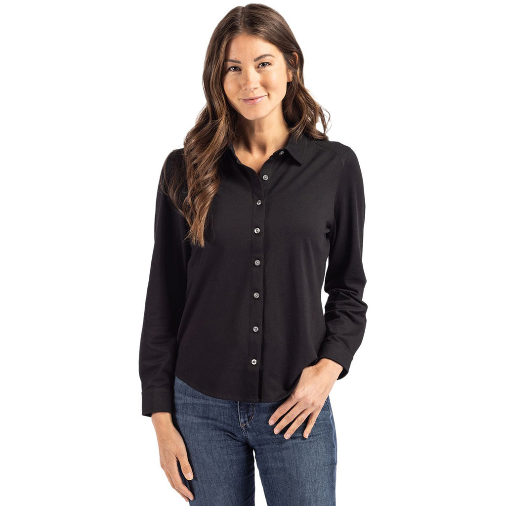 Cutter & Buck Women's Black Advantage Tri-Blend Eco Soft Pique Long Sleeve Knitted Button Down