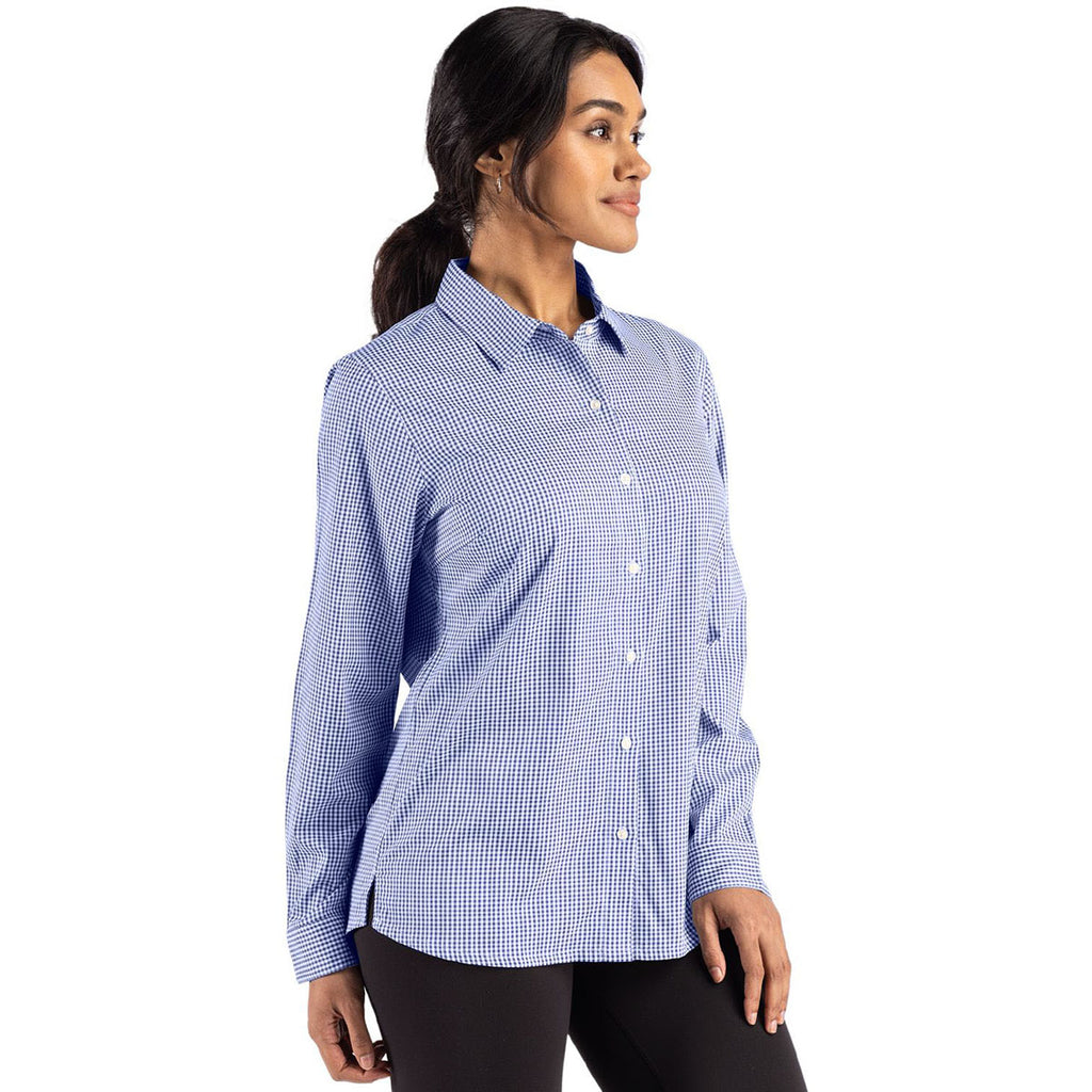 Cutter & Buck Women's Tour Blue/White Skyline Epic Confidence Recycled Gingham Long Sleeve Dress Shirt