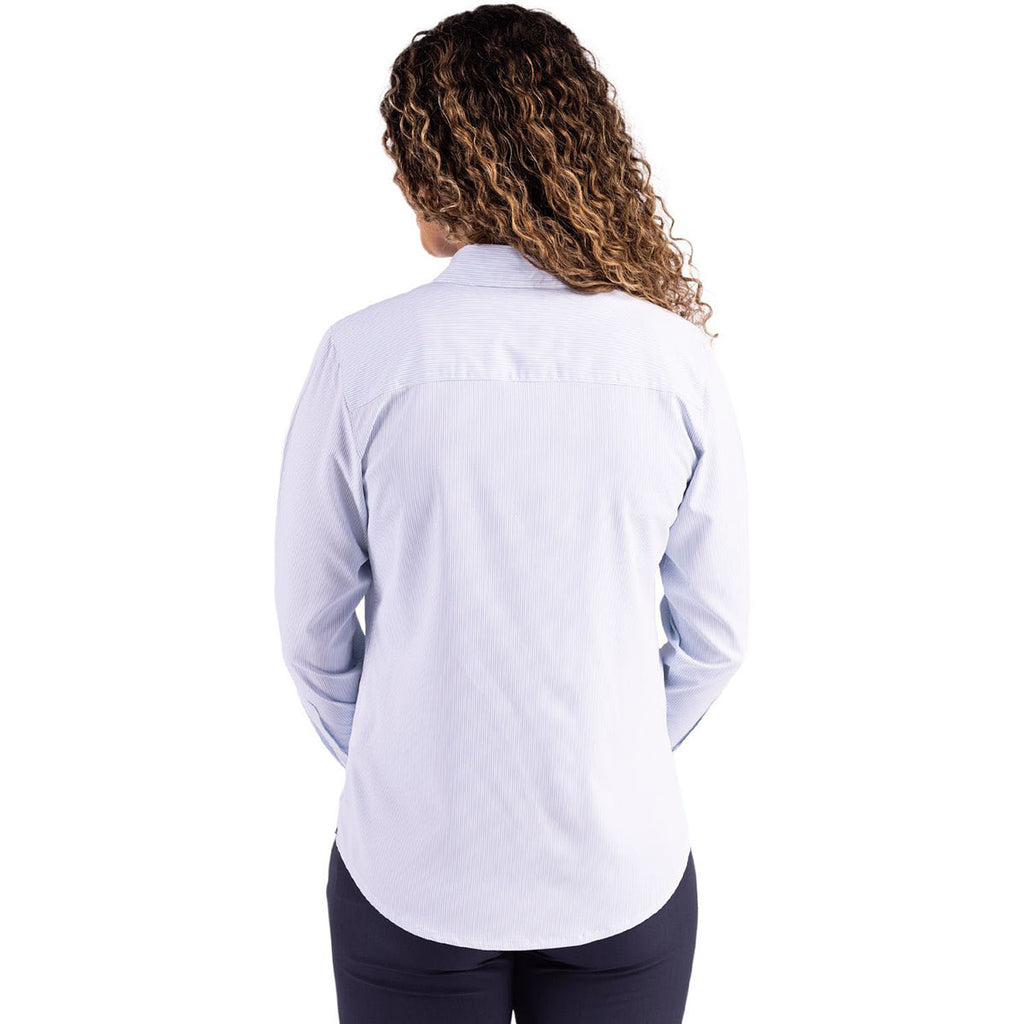 Cutter & Buck Women's Pale Blue/White Skyline Epic Confidence Recycled Pinstripe Long Sleeve Dress Shirt