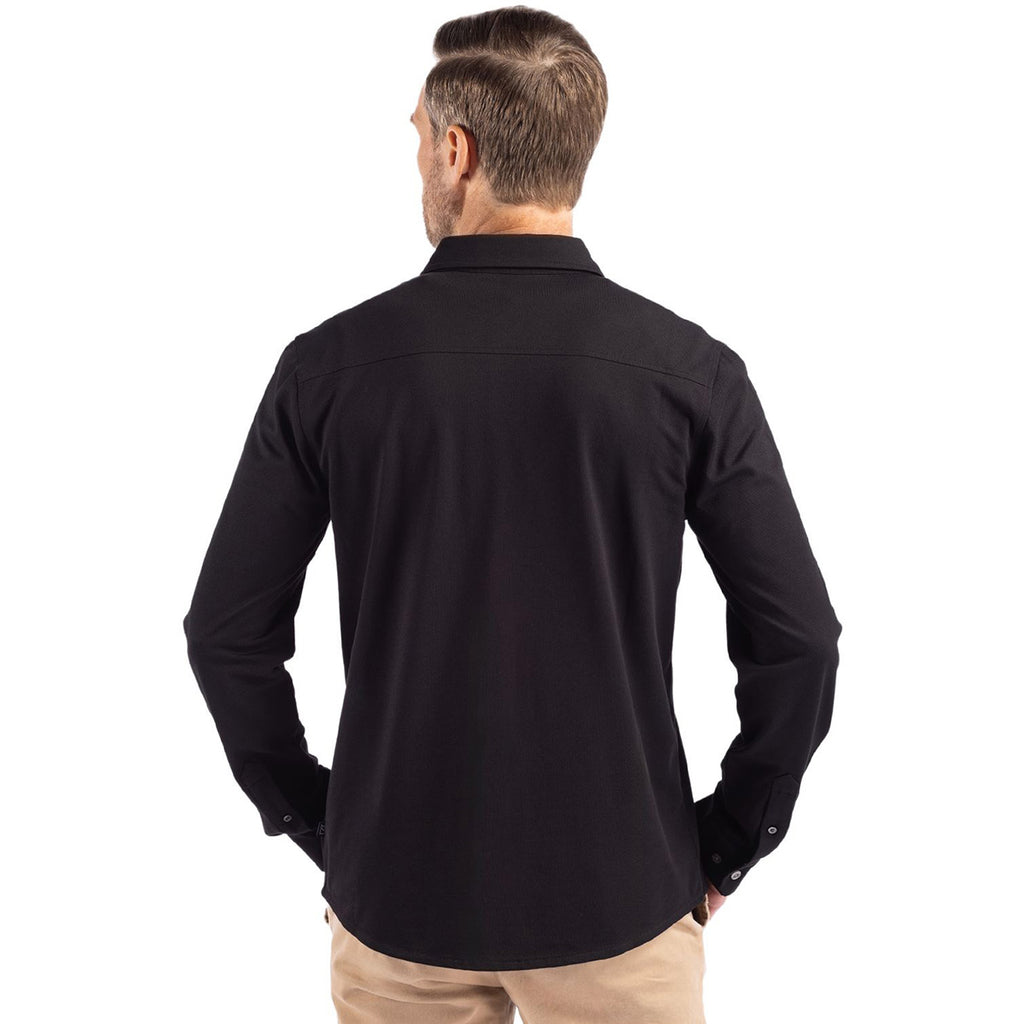 Cutter & Buck Men's Black Advantage Tri-Blend Eco Soft Pique Long Sleeve Knitted Button Down