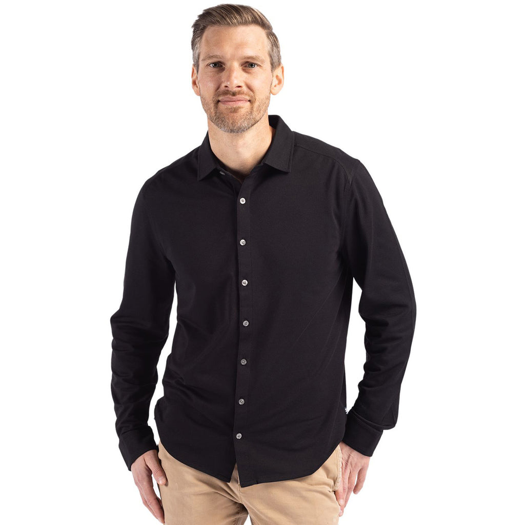 Cutter & Buck Men's Black Advantage Tri-Blend Eco Soft Pique Long Sleeve Knitted Button Down