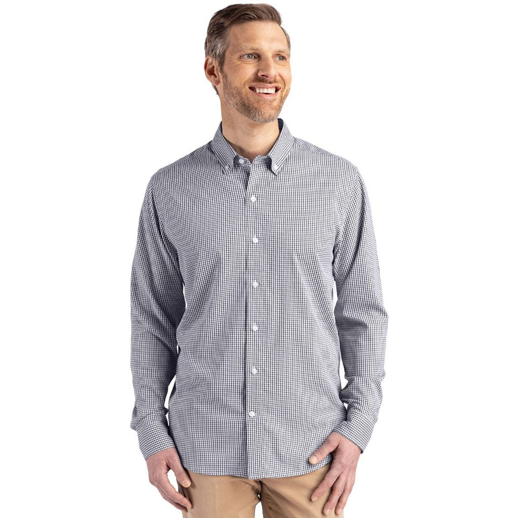 Cutter & Buck Men's Black/White Skyline Epic Confidence Recycled Gingham Long Sleeve Dress Shirt