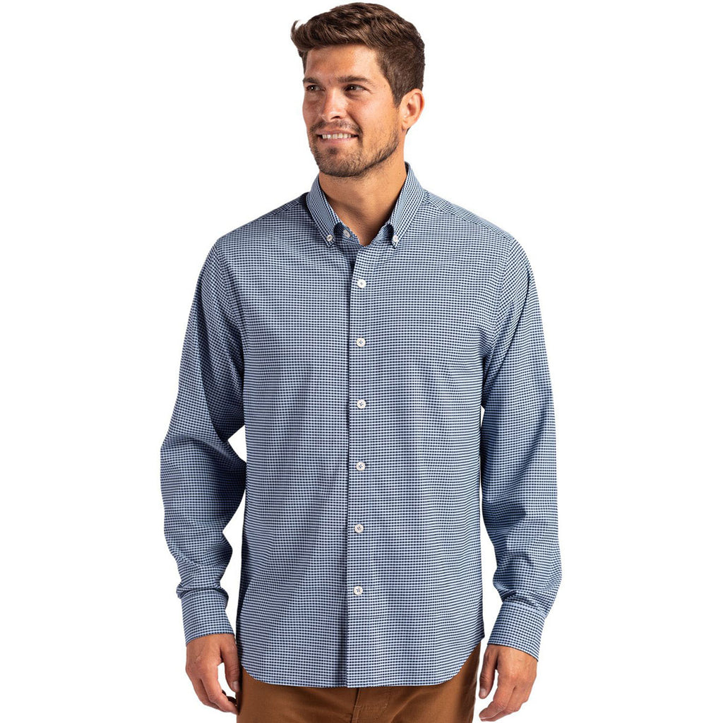 Cutter & Buck Men's Pale Blue/Navy Blue Skyline Epic Confidence Recycled Gingham Long Sleeve Dress Shirt