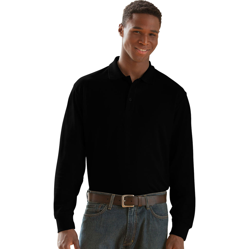 Vantage Men's Black Long Sleeve Soft-Blend Double-Tuck Pique Polo