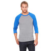 Bella + Canvas Unisex Grey/True Royal Triblend 3/4 Sleeve Baseball T-Shirt