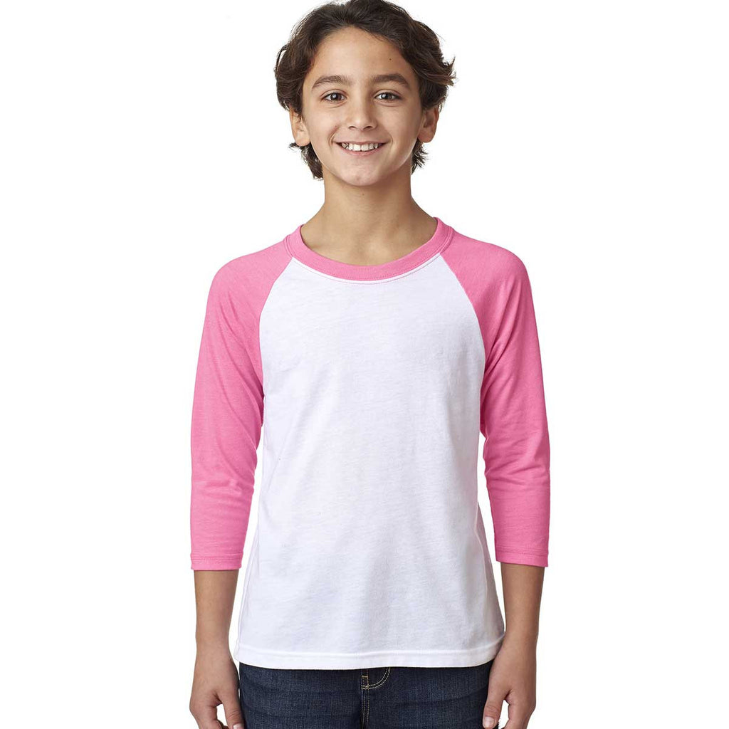 Next Level Youth Hot Pink/White CVC 3/4-Sleeve Raglan Tee