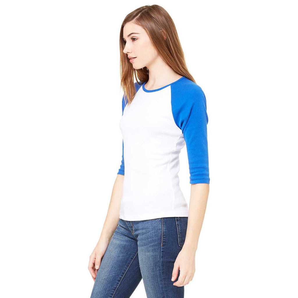 Bella + Canvas Women's White/True Royal Stretch Rib 3/4-Sleeve Contrast Raglan T-Shirt