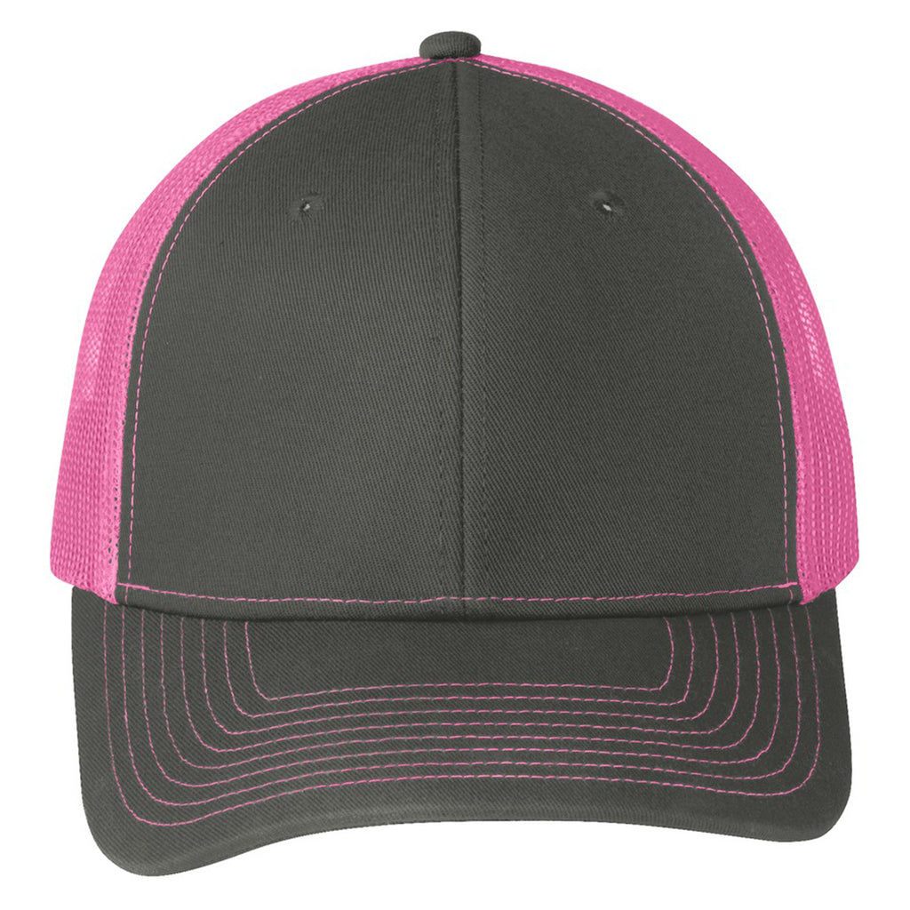 Port Authority Grey Steel/Neon Pink Snapback Trucker Cap