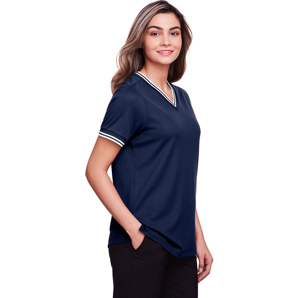 Devon & Jones Women's Navy/White CrownLux Performance Plaited Tipped V-Neck Polo