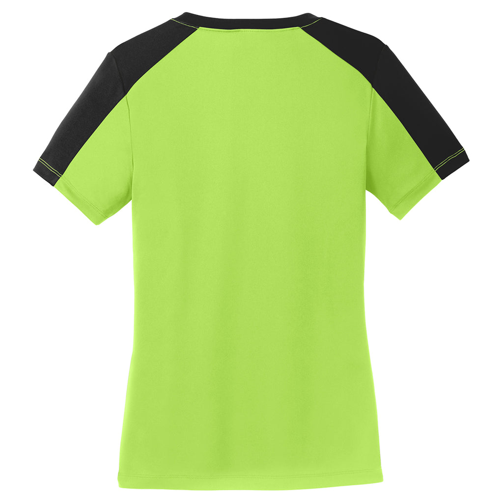 Sport-Tek Women's Lime Shock/ Black PosiCharge Competitor Sleeve-Blocked V-Neck Tee