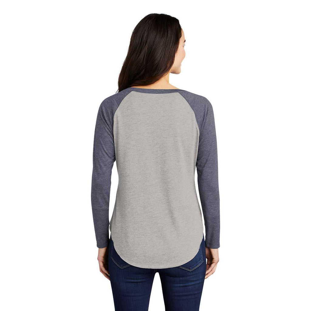 Sport-Tek Women's True Navy Heather/Light Grey Heather PosiCharge Long Sleeve Tri-Blend Wicking Scoop Neck Raglan Tee