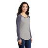 Sport-Tek Women's True Navy Heather/Light Grey Heather PosiCharge Long Sleeve Tri-Blend Wicking Scoop Neck Raglan Tee