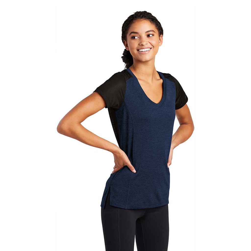 Sport-Tek Women's Dark Royal Heather/Black Endeavor Short Sleeve Tee