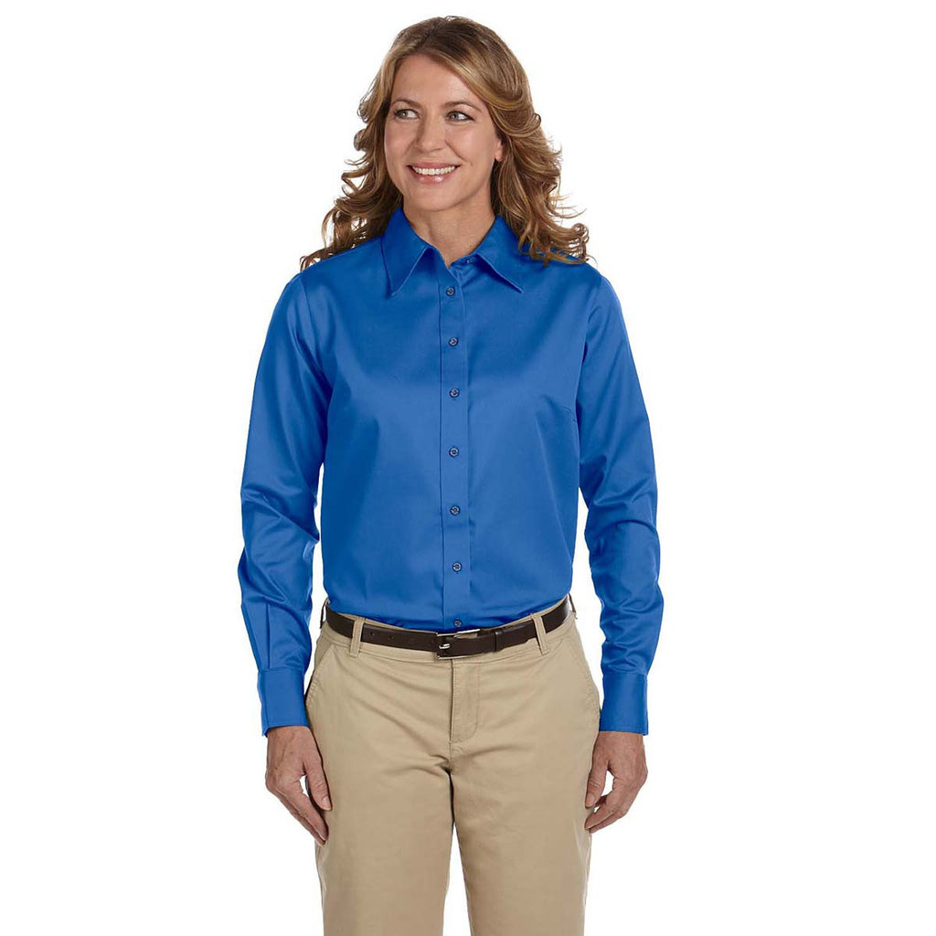 Harriton Women's French Blue Easy Blend Long-Sleeve Twill Shirt with Stain-Release