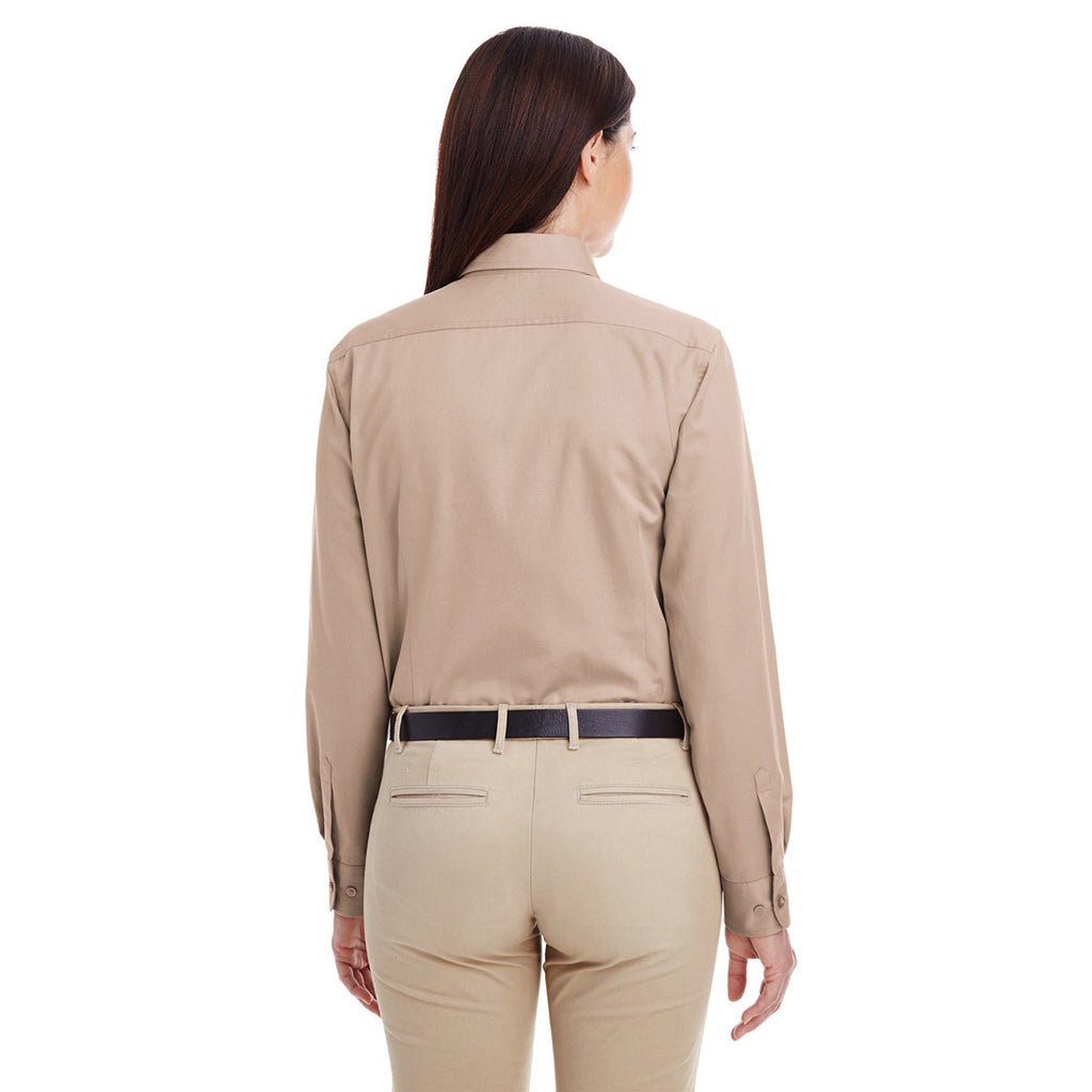 Harriton Women's Khaki Foundation 100% Cotton Long-Sleeve Twill Shirt with Teflon