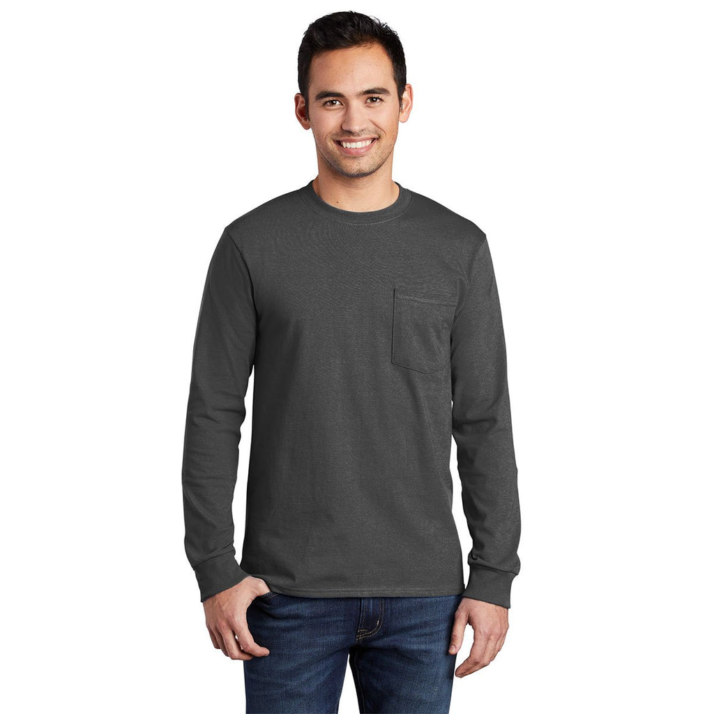 Port & Company Men's Charcoal Long Sleeve Essential Pocket Tee