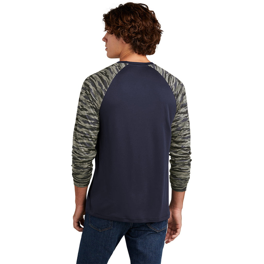 Sport-Tek Men's True Navy Drift Camo Colorblock Long Sleeve Tee