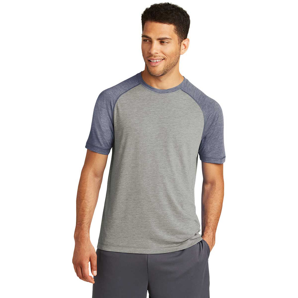 Sport-Tek Men's True Navy Heather/Light Grey Heather PosiCharge Tri-Blend Wicking Raglan Tee