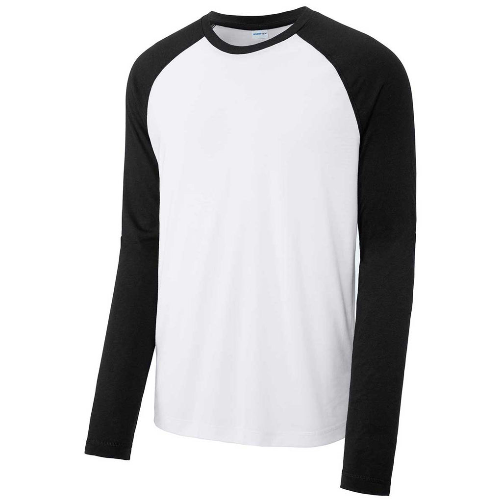 Sport-Tek Men's Black Triad Solid/White Triad Solid PosiCharge Long Sleeve Tri-Blend Wicking Raglan Tee