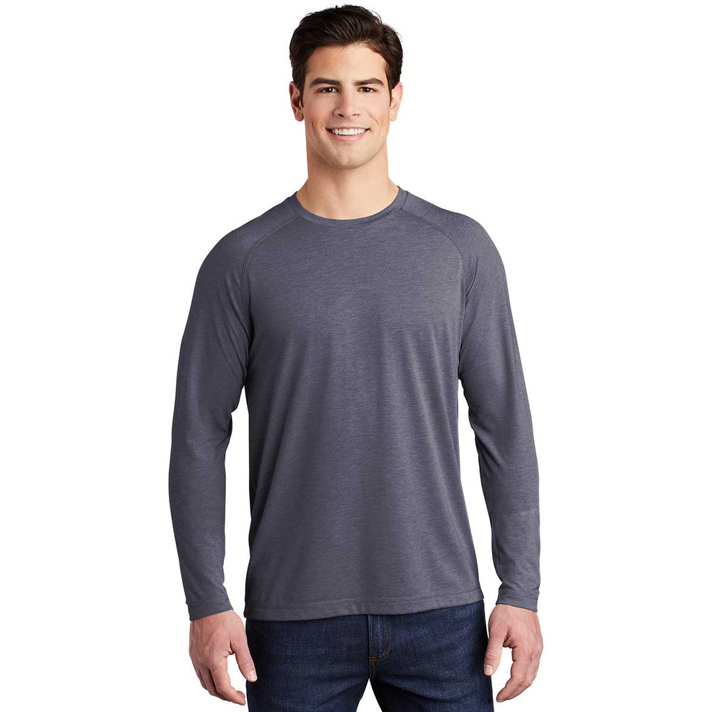 Sport-Tek Men's True Navy Heather PosiCharge Long Sleeve Tri-Blend Wicking Raglan Tee