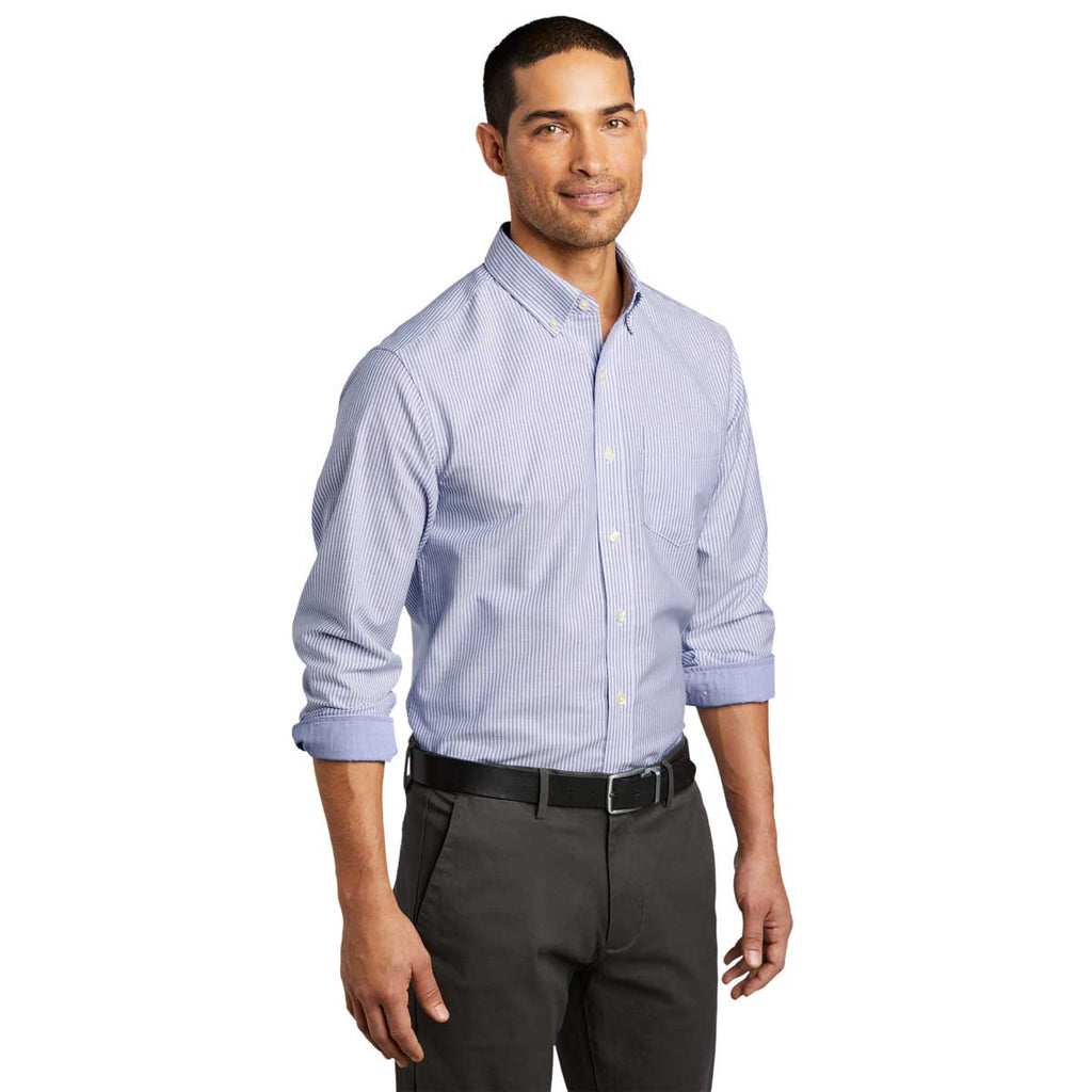 Port Authority Men's Oxford Blue/White SuperPro Oxford Stripe Shirt